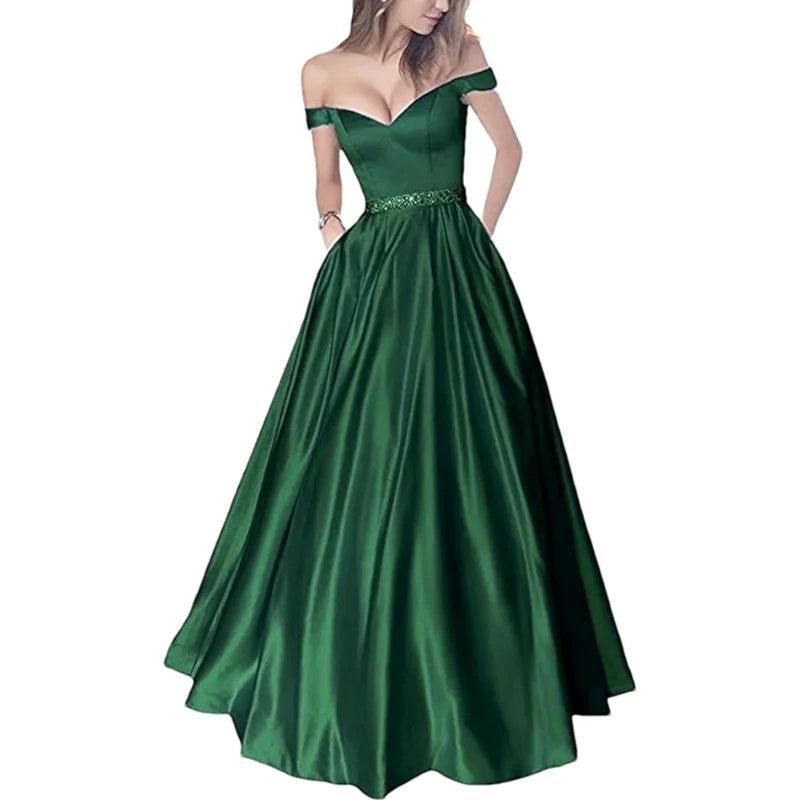 Women Off The Shoulder Beaded Satin V Neck Corset A Line Long Formal Prom Evening Party Gown Dress w/Pocket