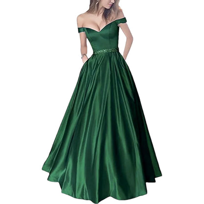 Women Off The Shoulder Beaded Satin V Neck Corset A Line Long Formal Prom Evening Party Gown Dress w/Pocket