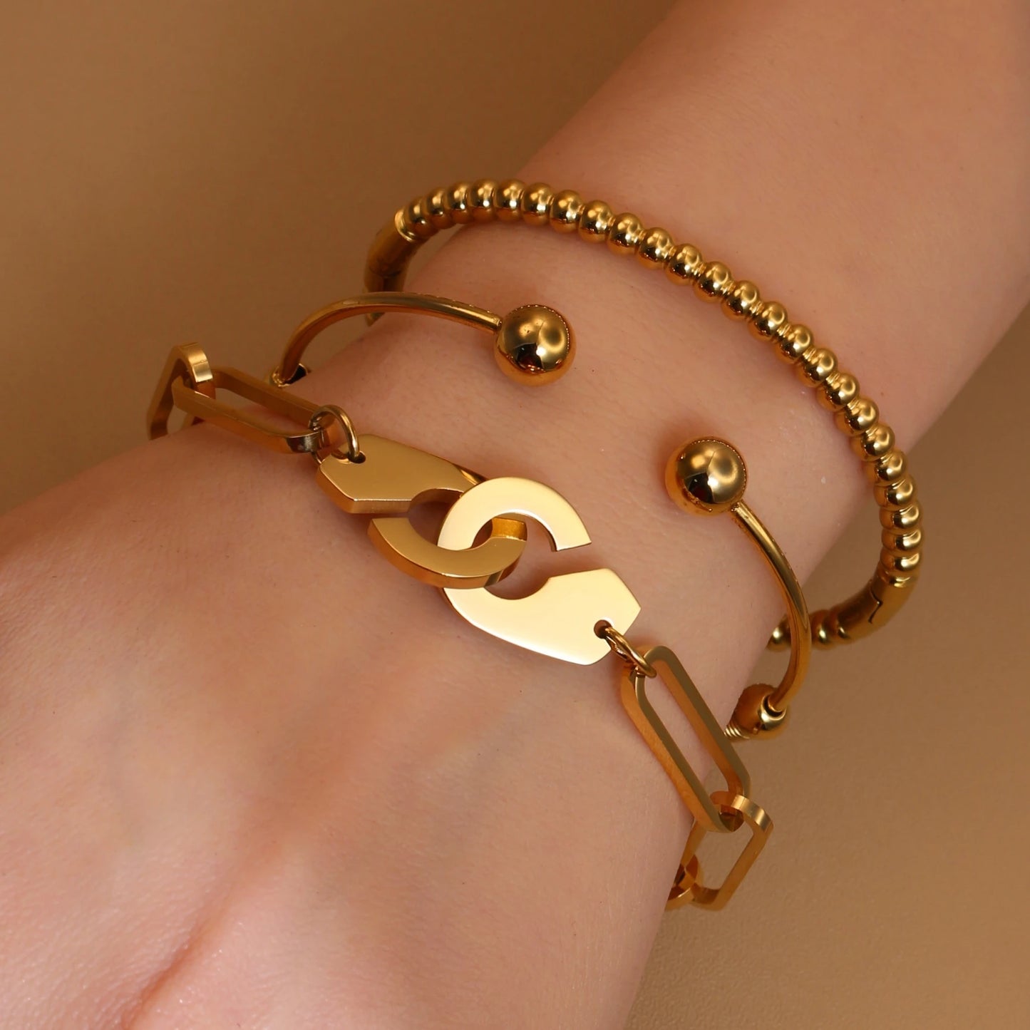 Women 18K Gold-Plated Stainless Steel Bead Open Bracelet Clasp Design Bangles Jewelry