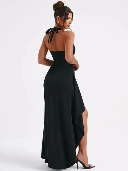 Women Deep V Neck Thigh High Split Maxi Halter Sleeveless Backless Bodycon Party Long Dress