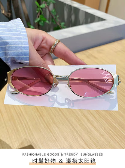 Women Metal Frame Oval Shades Fashion Designer Sunglasses Glasses