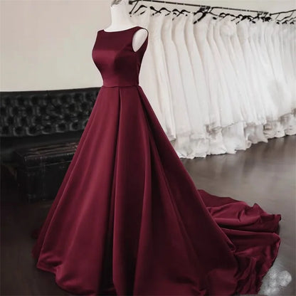 Women's Scoop Neck Sweep Train Prom Backless A-line Satin Long Formal Evening Party Dress w/ Pockets