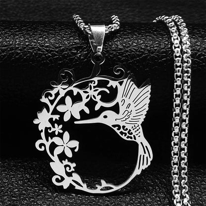 Bird Hummingbird Flower Necklace for Women Men Stainless Steel Gold Color Animal Pendant Necklaces Jewelry collar colibri N4626S