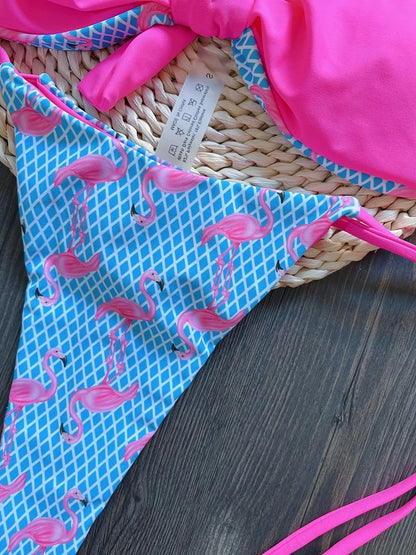 Women Two-Piece Push up Grid Flamingo Print Swimsuit Thongs Bikini Bathing Suit