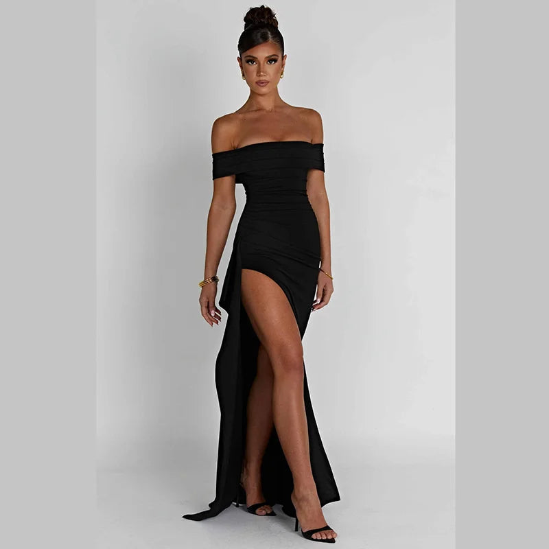 Women Off-shoulder Ruffled Thigh High Split Maxi Slash Neck Backless Bodycon Party Evening Dress