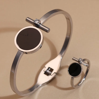 Women 2-In-1Black Acrylic Zirconia Stainless Steel Ring Bangle Bracelet Gifts Set