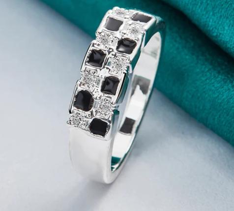 925 Sterling Silver Black Square Zircon Women Man Fashion Wedding Engagement Party Gift Charm Ring
