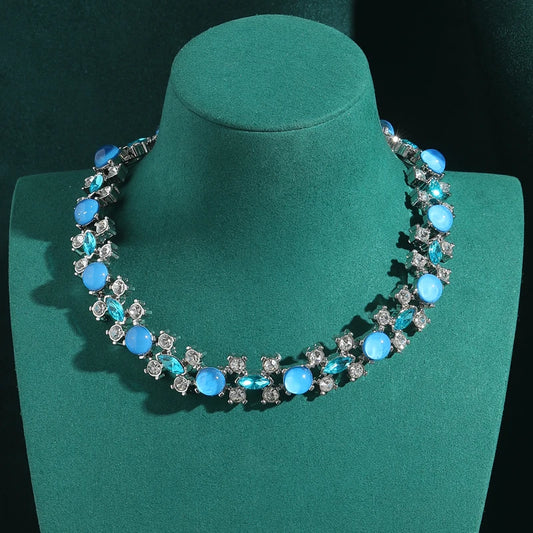Vintage Sea Blue Opal Crystal Collar Choker Oval Silver Color Zircon Designers Necklace