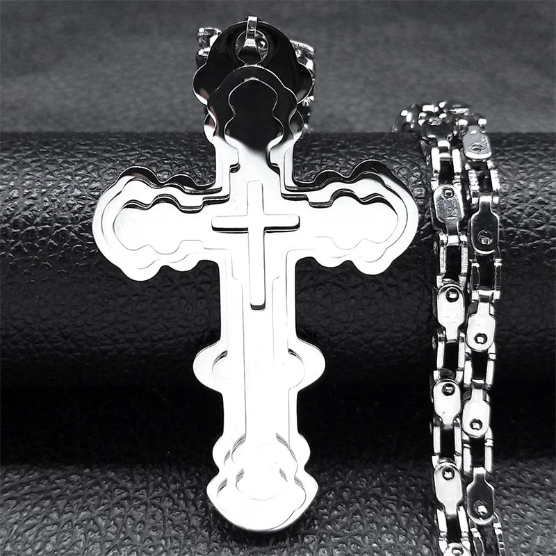 Men Big Cross Jesus Stainless Steel Gold Color Christ God Chain Necklace