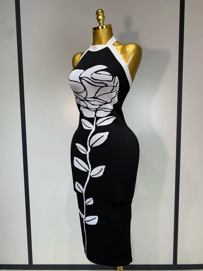 Women Fashion Celebrity Sexy Backless Rose Flower Midi Black Jacquard Bandage Party Dress