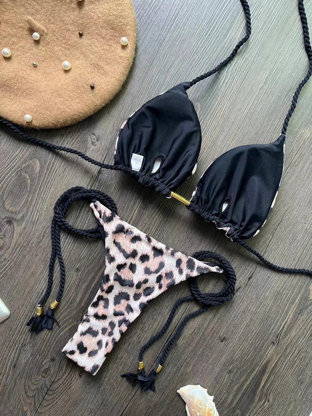 Sexy Leopard Print Women's Split Bikini Woven Rope Strap Fringe Two-Piece Swimsuit Bathing Suit