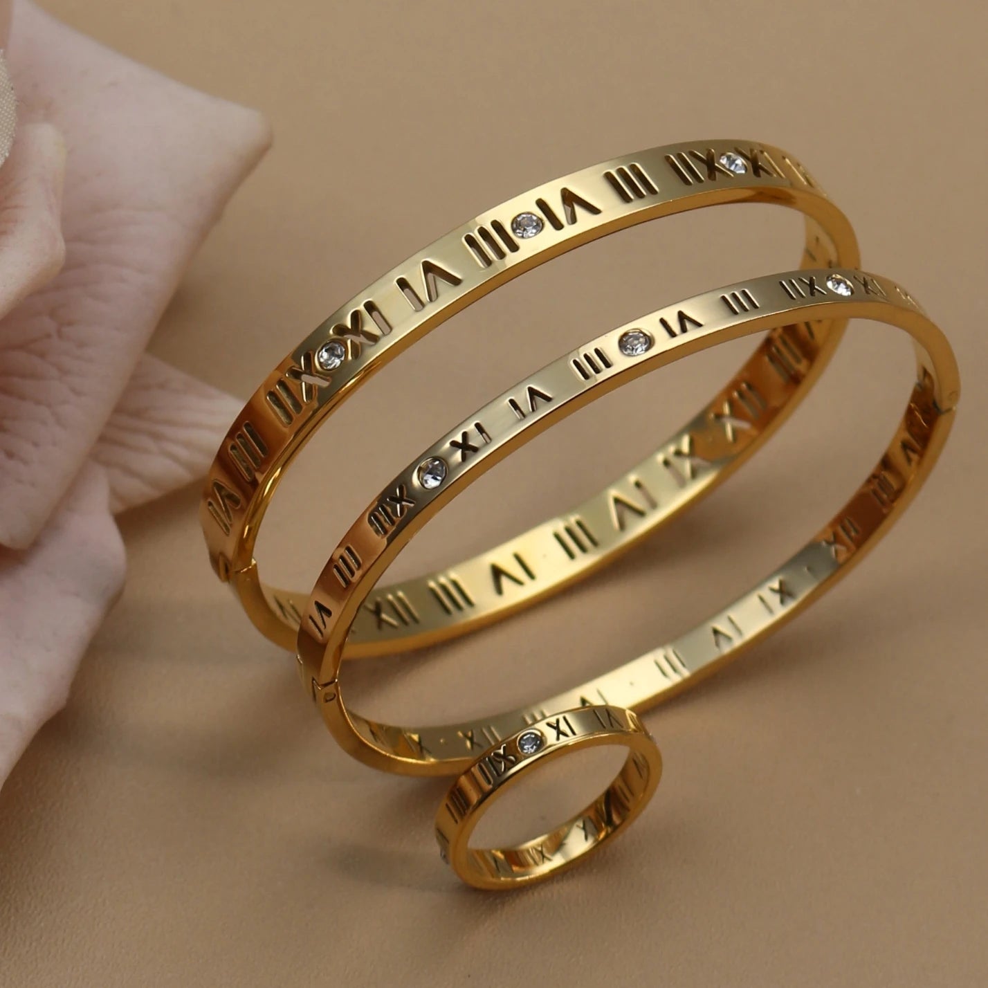 Stainless Steel 18K gold plated Roman Numeral Bracelet Bangles Ring 2-in-1 Jewelry