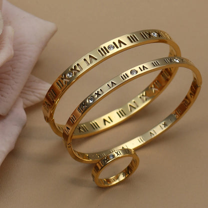 Stainless Steel 18K gold plated Roman Numeral Bracelet Bangles Ring 2-in-1 Jewelry