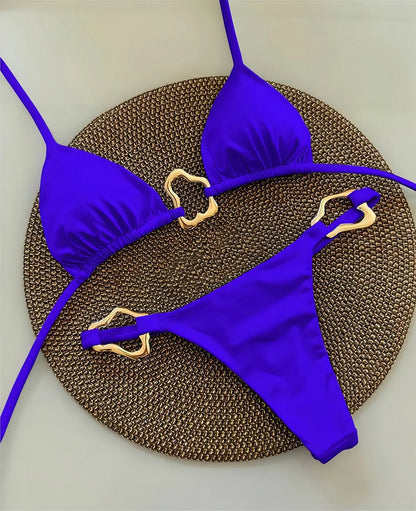 Women Bikini Solid Color Lace-up Split Two-piece Swimsuit Swimwear Suit