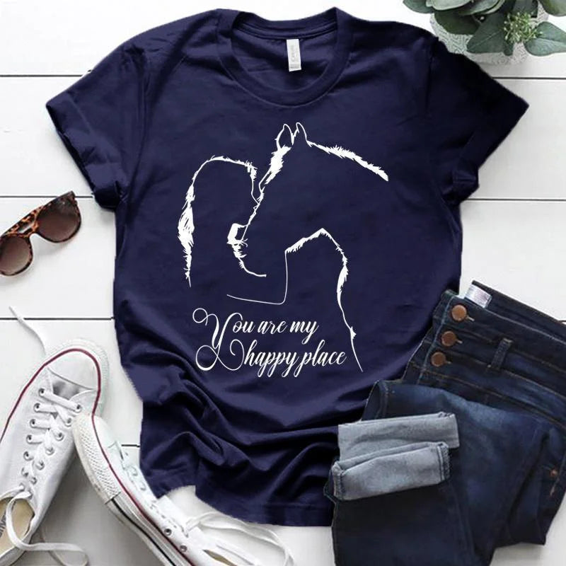 Funny Horse You Are My Happy Place Print Women Short Sleeve Tee Shirts Tops