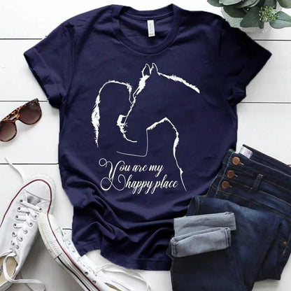 Funny Horse You Are My Happy Place Print Women Short Sleeve Tee Shirts Tops