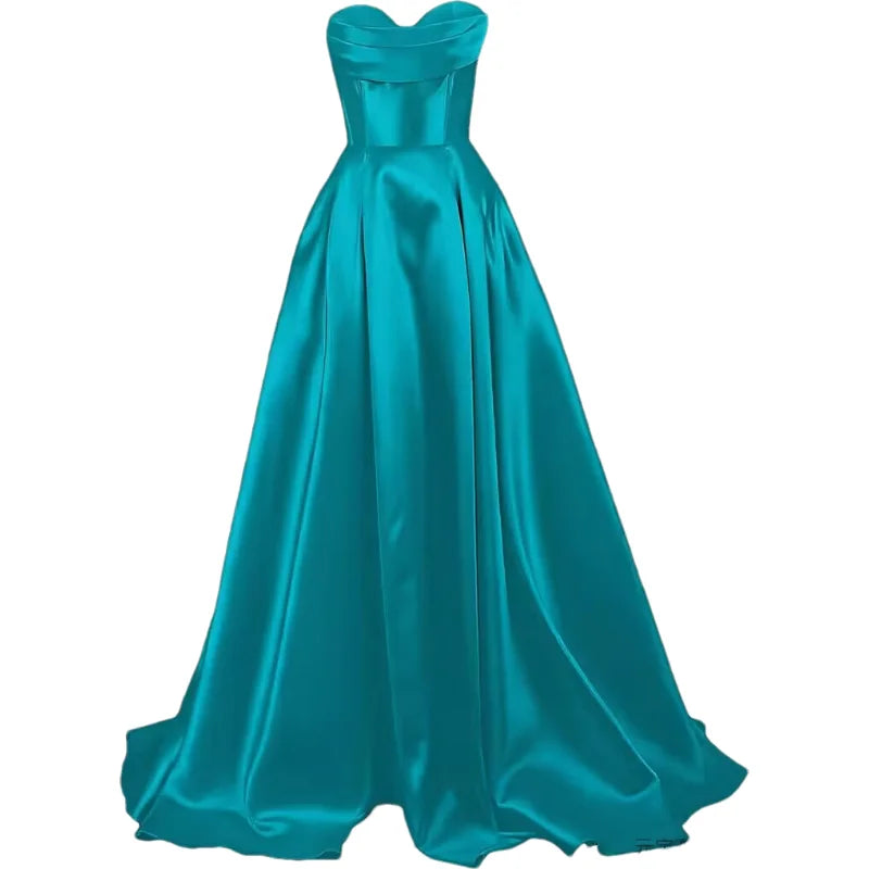 Sweetheart Strapless Pleat Satin Prom Women Long A Line Corset Formal Evening Party Dress w/ Pockets