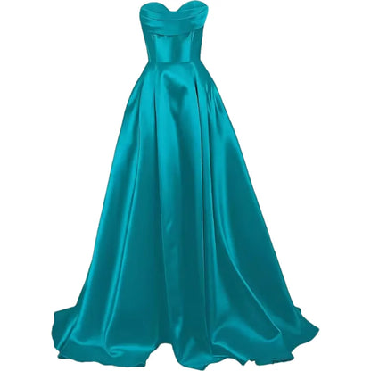 Sweetheart Strapless Pleat Satin Prom Women Long A Line Corset Formal Evening Party Dress w/ Pockets
