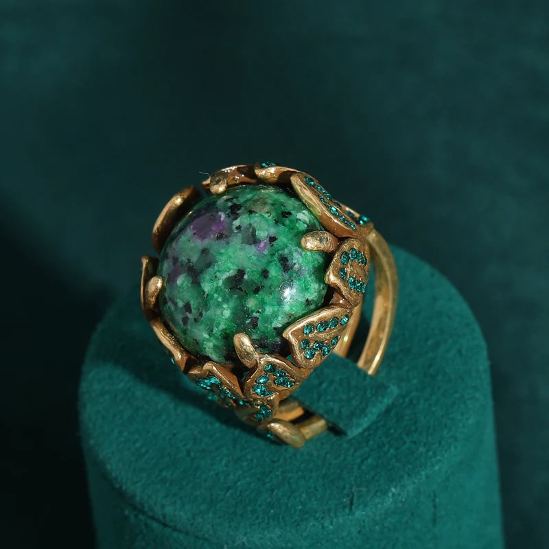 Women Vintage Antique Gold Color Oval Crystal Emerald Round Natural Stone Rings