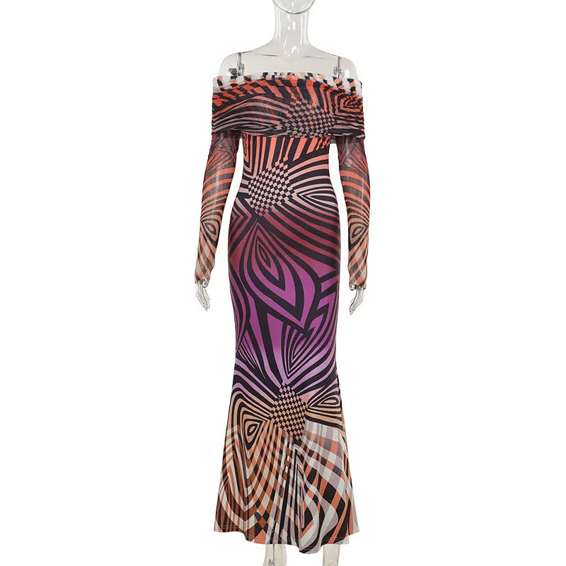 Women Off-shoulder Leopard Print Maxi Strapless Backless Long Sleeve High Waist Dress