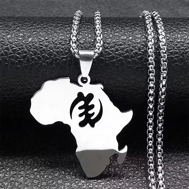 Women Men Stainless Steel Silver Color Ethnic Adinkra Gye Nyame Ghana African Chain Necklace