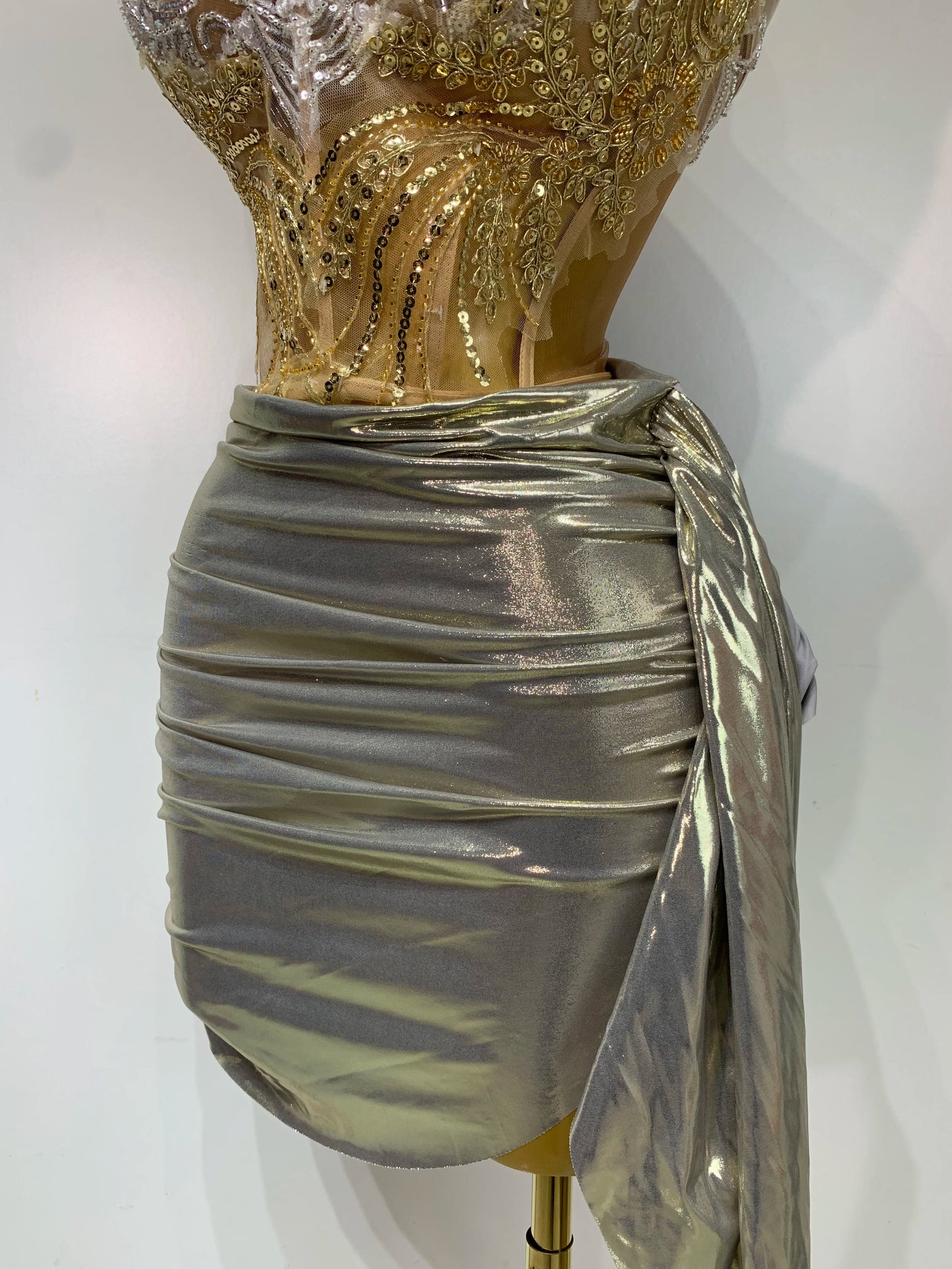 Sexy Strapless Sequins Rhinestone Gold Dress Glitter Two Pieces Birthday Evening Party Night Dress