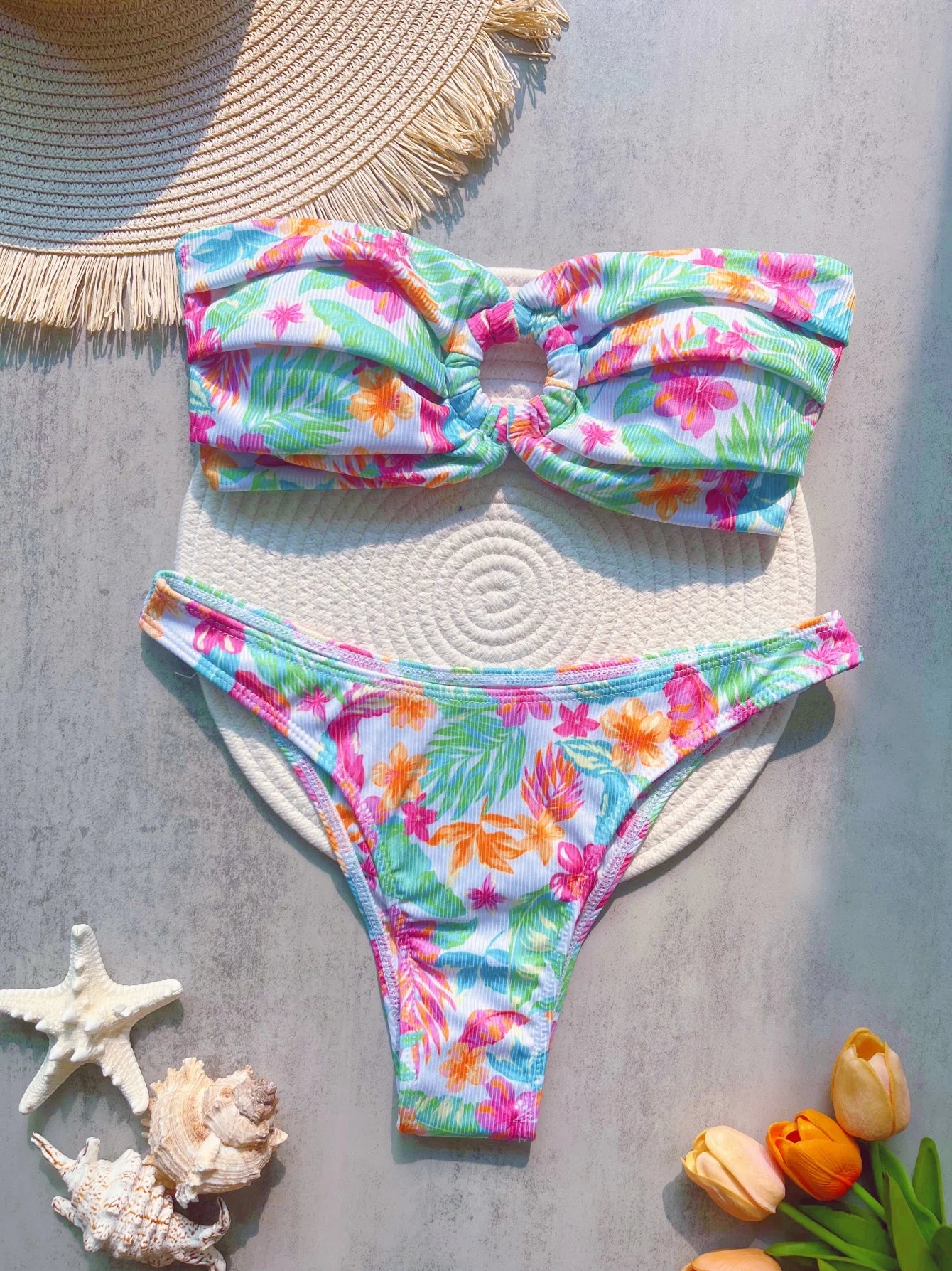 Women Plant Printed Bandeau High Leg Cut Bikini Swimwear Swimsuit Two-pieces Bathing Suit