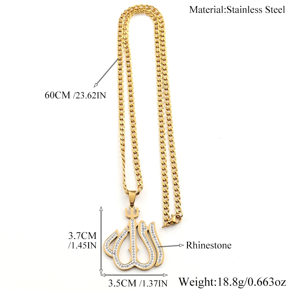 Men Women Stainless Steel Gold Color Muslim Chain Amulet Islamic Arabic Allah Full Rhinestones Pendant Necklace