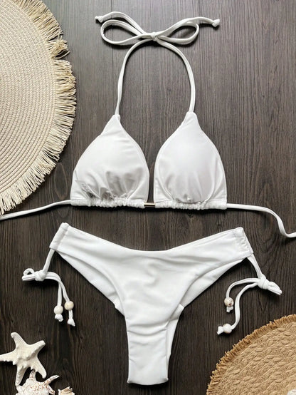 Solid Color Bikini Swimsuit Hanging Neck Rope Split Swimsuit 2-piece Beachwear Suit