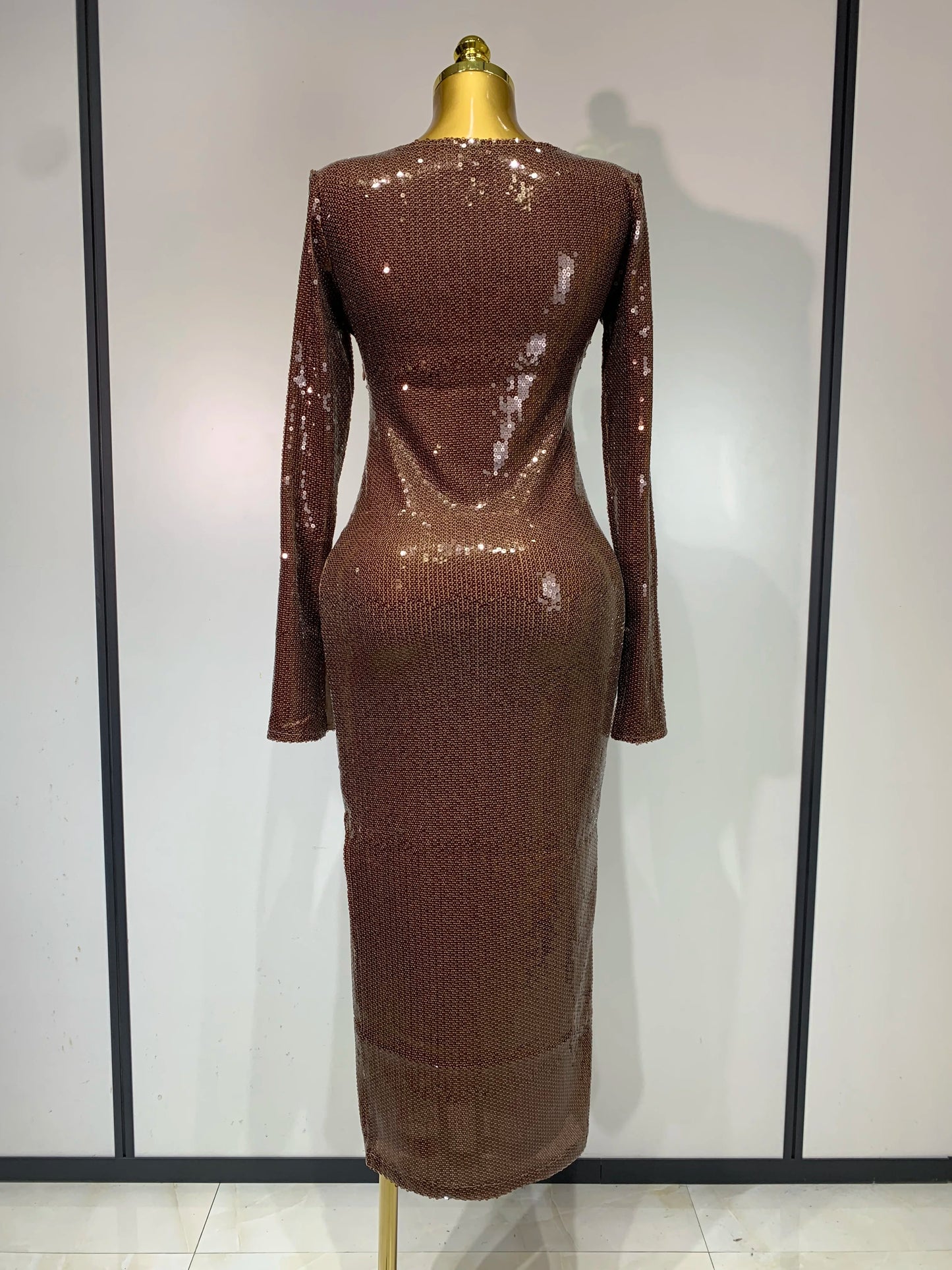 Women Sparkly Sequins Deep V Long Sleeves Midi Celebrity Birthday Party Prom Dress