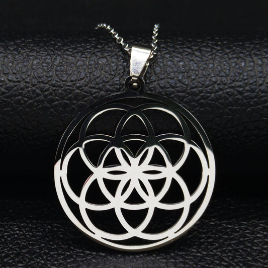 Women Men Sacred Geometry Seed of Life Talisman Yoga Flower of Life Stainless Steel Mandala Necklace
