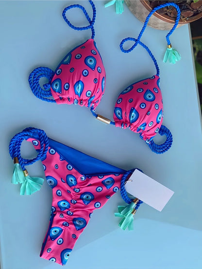 Sexy Leopard Print Women's Split Bikini Woven Rope Strap Fringe Two-Piece Swimsuit Bathing Suit