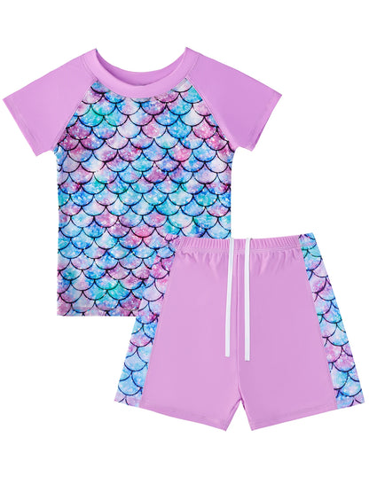2pcs Girls Kids Short Sleeve Mermaid Scale Tops Boyleg Shorts Swimwear Beach Bathing Suit