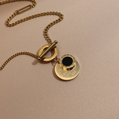 FOREVER LOVE Roman Numeral Round Stainless Steel 18K Gold Pated Women's Pendant Necklace