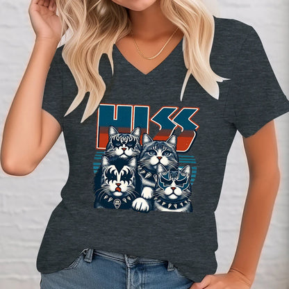 Cats Kittens Rock Funny Women Lovers Funny Music V-neck T-shirt Tops