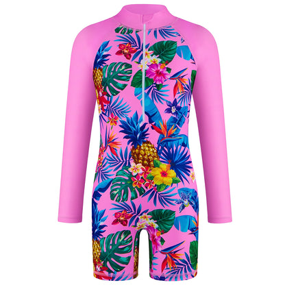 One-Piece Kids Girl Long-Sleeved Pink Plants Print Zipper Boyleg Shorts Swimming Swim Romper