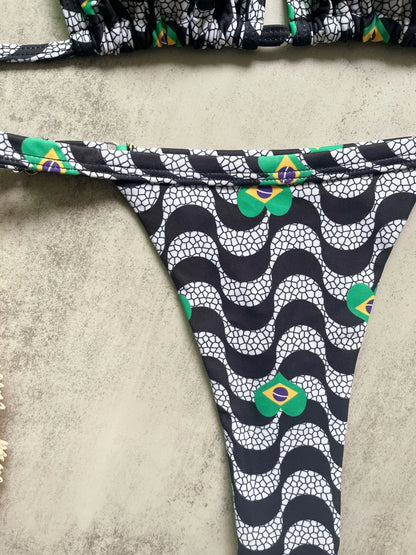 Sexy Women High Cut Wave Printed Halter Bikini Swimsuit Swimwear Two-pieces Bikini Set