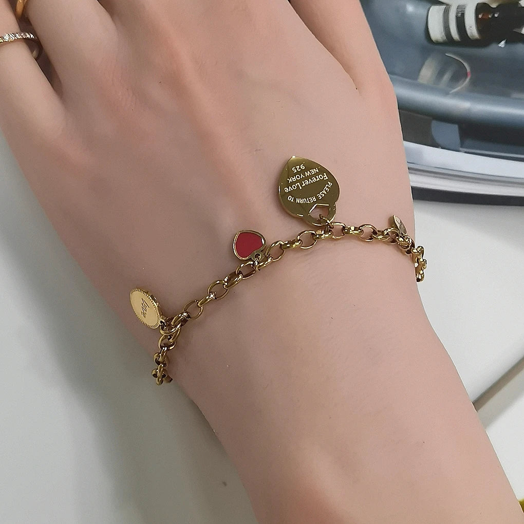 Women Fashion Stainless Steel Gold color Bangle LOVE Heart Pendant LOVE Bracelet