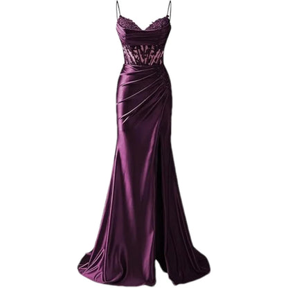 Lace Appliques Satin Prom Women w/ Slit Spaghetti Strap Backless Long Mermaid Evening Formal Dress Gown