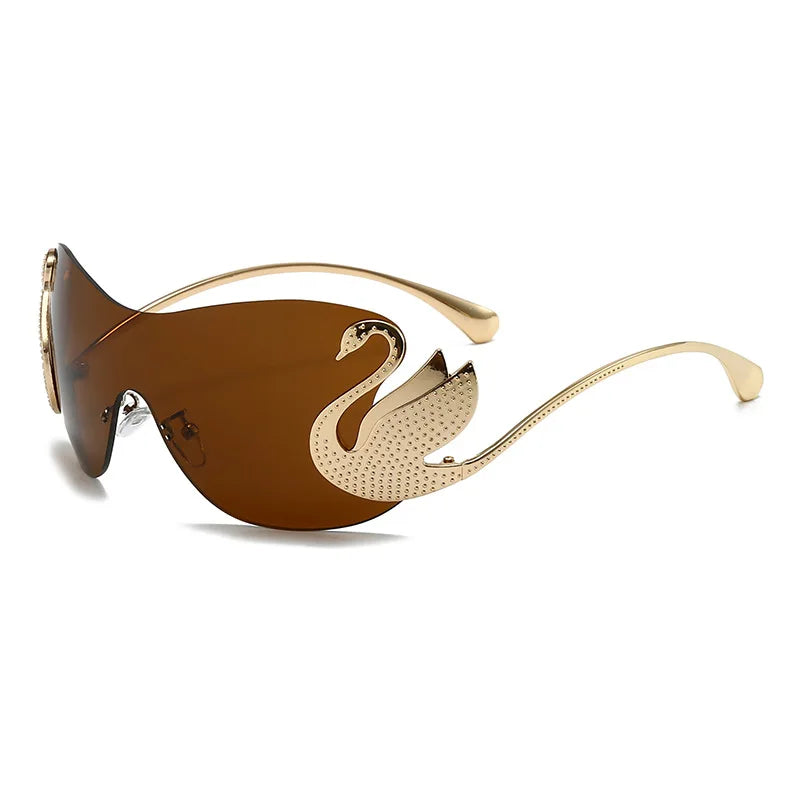 Y2k Women Fashion Swan Inlay Gradient Lens Shades Oversized Rimless Sunglasses Glasses
