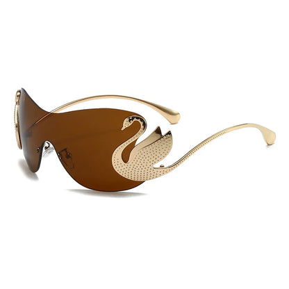 Y2k Women Fashion Swan Inlay Gradient Lens Shades Oversized Rimless Sunglasses Glasses