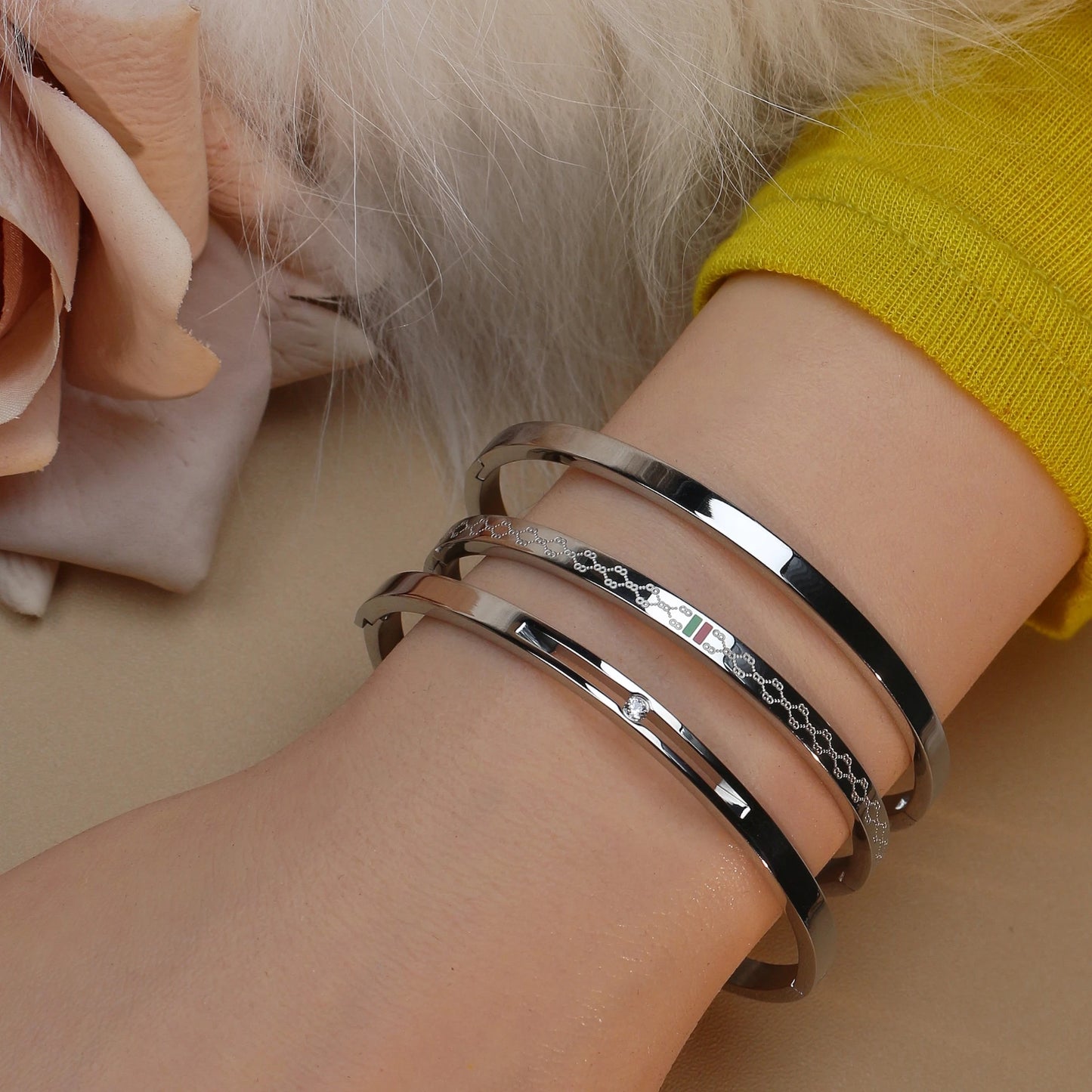 18K Gold Plated Stainless Steel Polished Zircon 50MM Bangles Bracelet