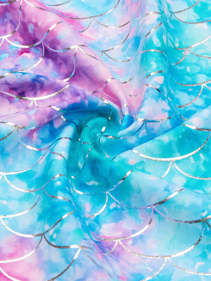 Kids Girls Short Sleeve Shinny Beach Sky Blue Skirted Bikini Briefs Swimming Suit