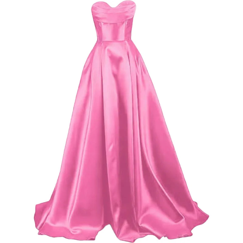 Sweetheart Strapless Pleat Satin Prom Women Long A Line Corset Formal Evening Party Dress w/ Pockets