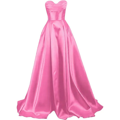 Sweetheart Strapless Pleat Satin Prom Women Long A Line Corset Formal Evening Party Dress w/ Pockets