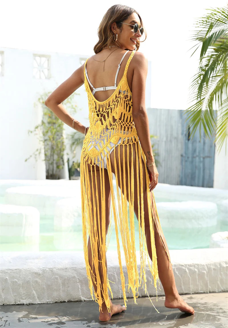 Women Fashion Fringe Cover Up Sexy Hollow Out Crochet Tassel Beach Coverups Cover-up Maxi Dress