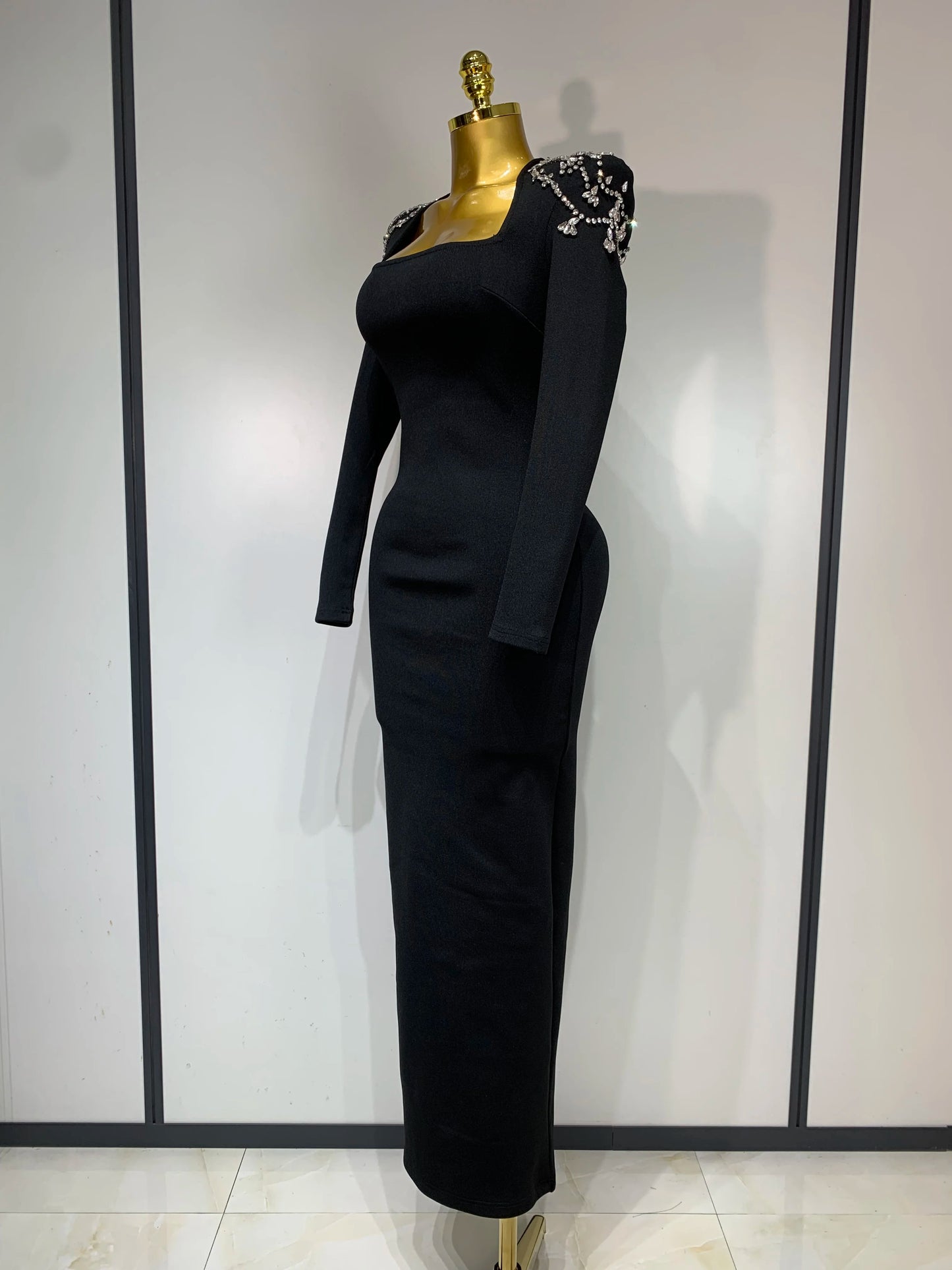 Sexy Diamond Tight Long Sleeve Square Neck Bandage Wedding Evening Formal Dress Gowns