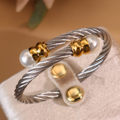 Women Fashionable Double Heart Stainless Steel Pearl Adjustable Bracelet Bangle
