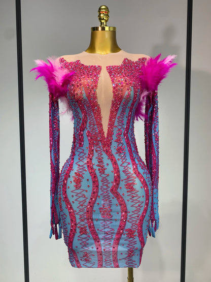 Women Sexy Mesh See Through Diamond Feather Elegant Evening Party Dinner Wear Dress