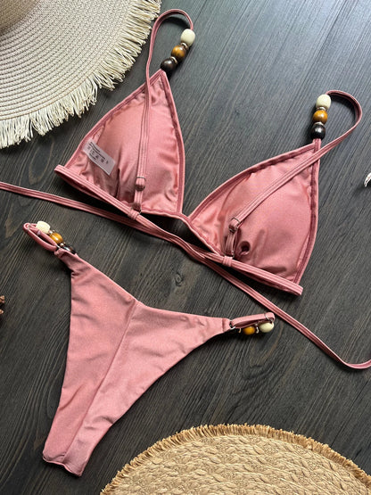 Sexy Women Pearls Strap Hole Out Push Up Bra Thong Swimsuit Brazilian Beach Bathing Micro Bikini Suit